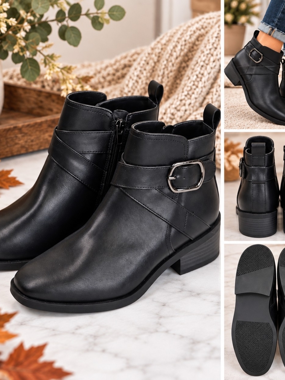 Black Ankle Boots Size 7 Moto Biker Grunge Y2K Buckle Strap Low Heel Booties